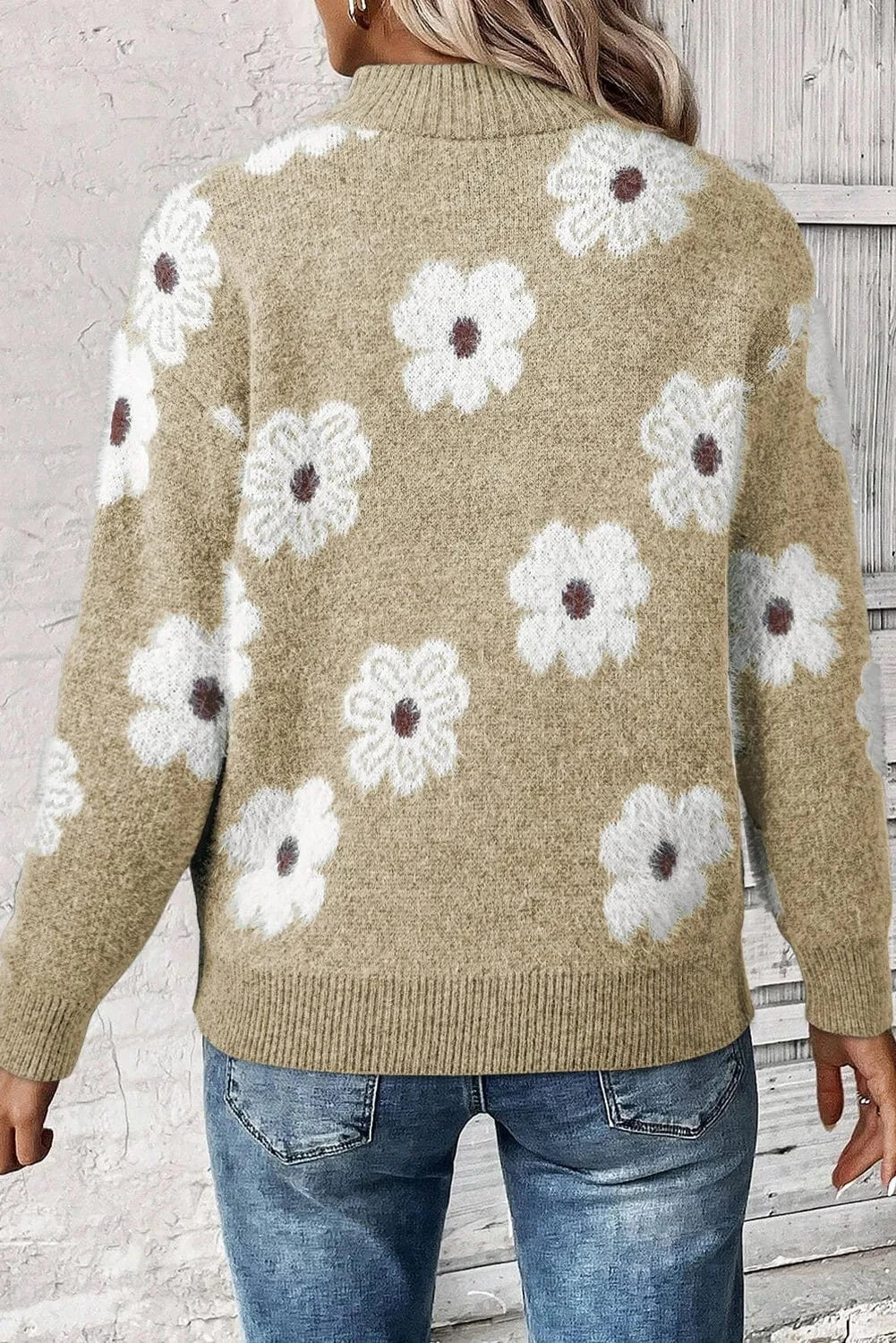 Trendsi Fall Flower Half Zip Long Sleeve Sweater Flower Half Zip Long Sleeve Sweater