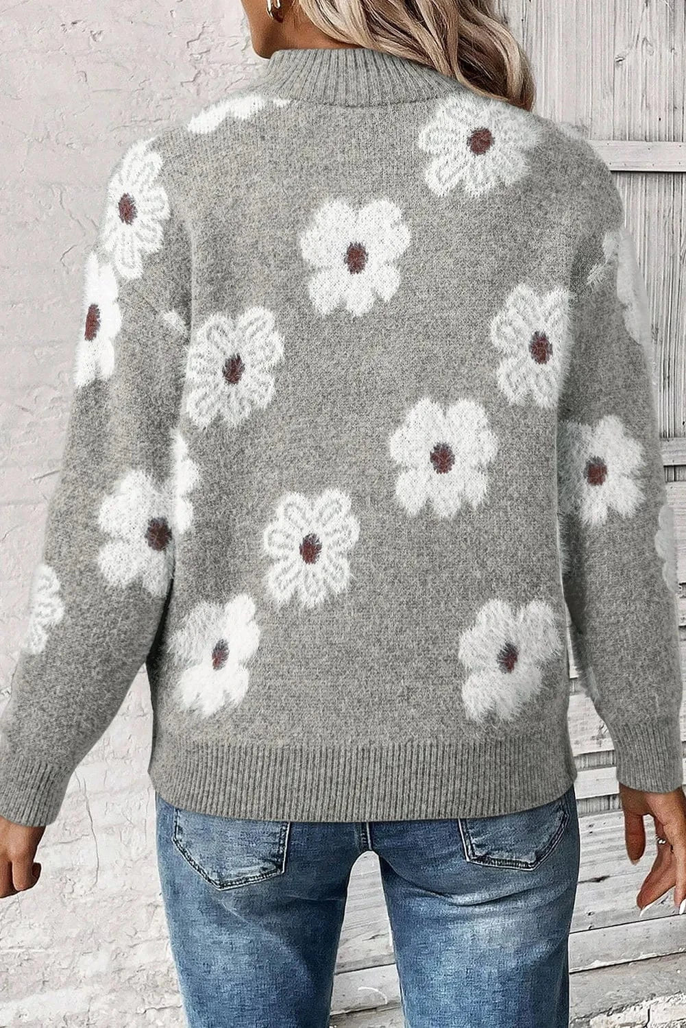 Trendsi Fall Flower Half Zip Long Sleeve Sweater Flower Half Zip Long Sleeve Sweater