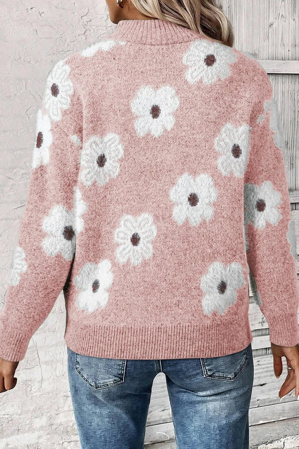 Trendsi Fall Flower Half Zip Long Sleeve Sweater Flower Half Zip Long Sleeve Sweater