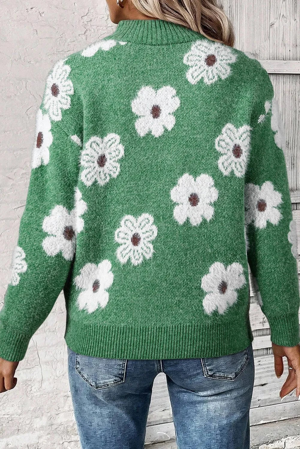 Trendsi Fall Flower Half Zip Long Sleeve Sweater Flower Half Zip Long Sleeve Sweater