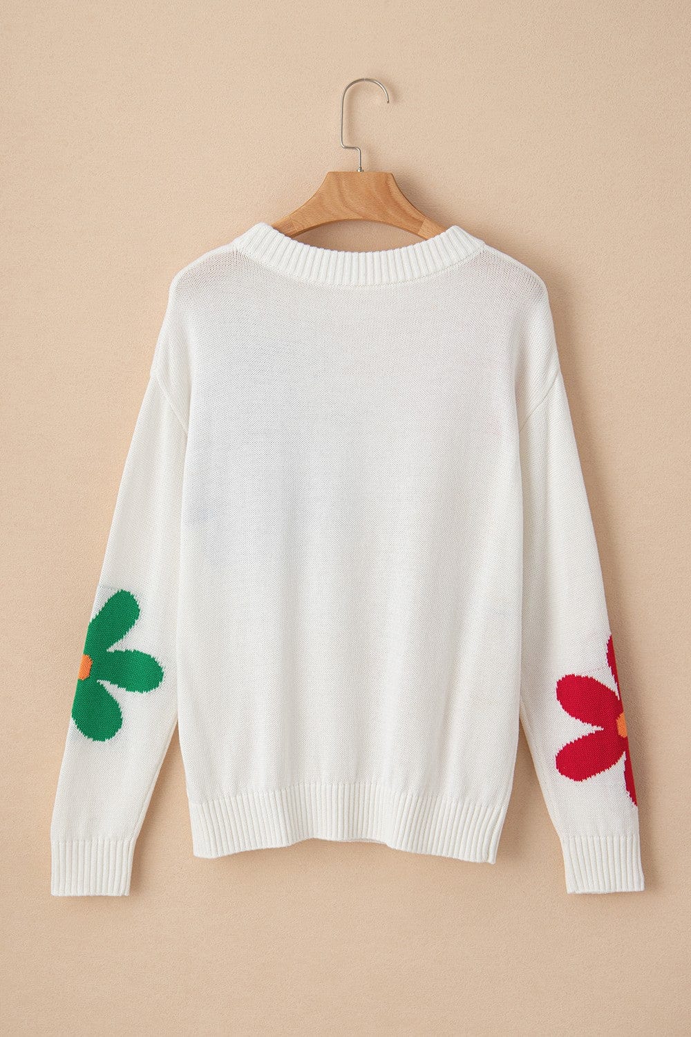 Trendsi Fall Flower Round Neck Dropped Shoulder Sweater Flower Round Neck Dropped Shoulder Sweater