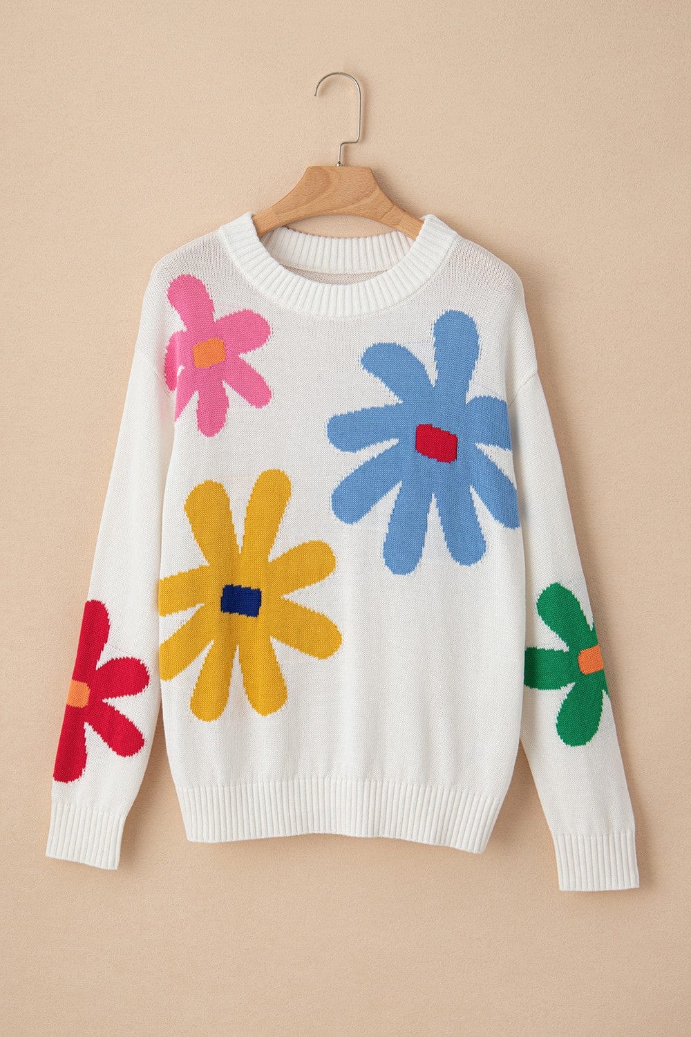 Trendsi Fall Flower Round Neck Dropped Shoulder Sweater Flower Round Neck Dropped Shoulder Sweater