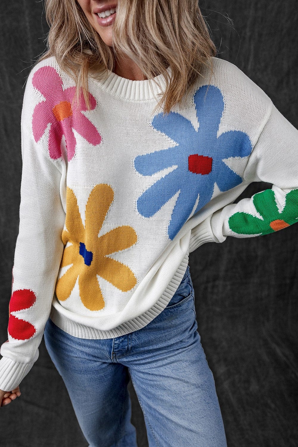 Trendsi Fall Flower Round Neck Dropped Shoulder Sweater Flower Round Neck Dropped Shoulder Sweater