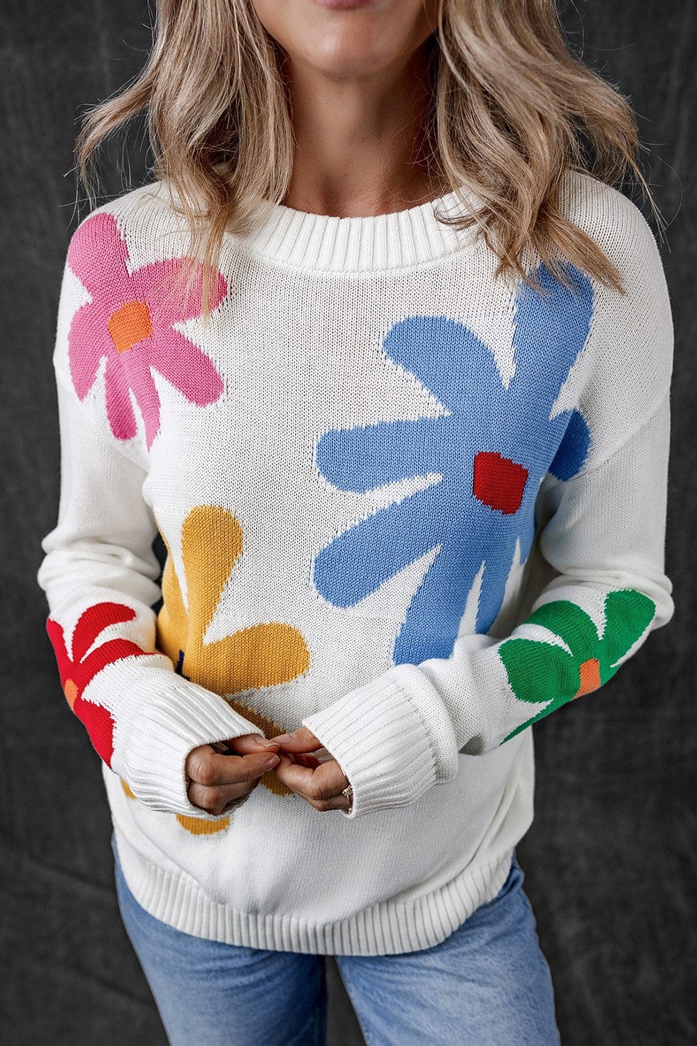 Trendsi Fall Flower Round Neck Dropped Shoulder Sweater Flower Round Neck Dropped Shoulder Sweater