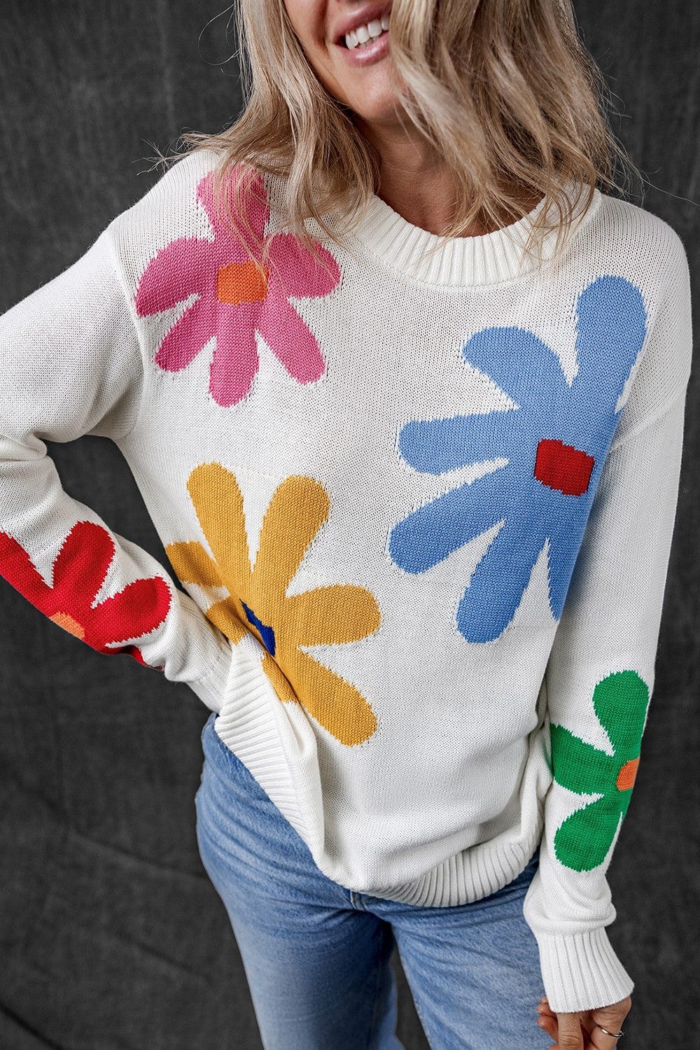 Trendsi Fall Flower Round Neck Dropped Shoulder Sweater Flower Round Neck Dropped Shoulder Sweater