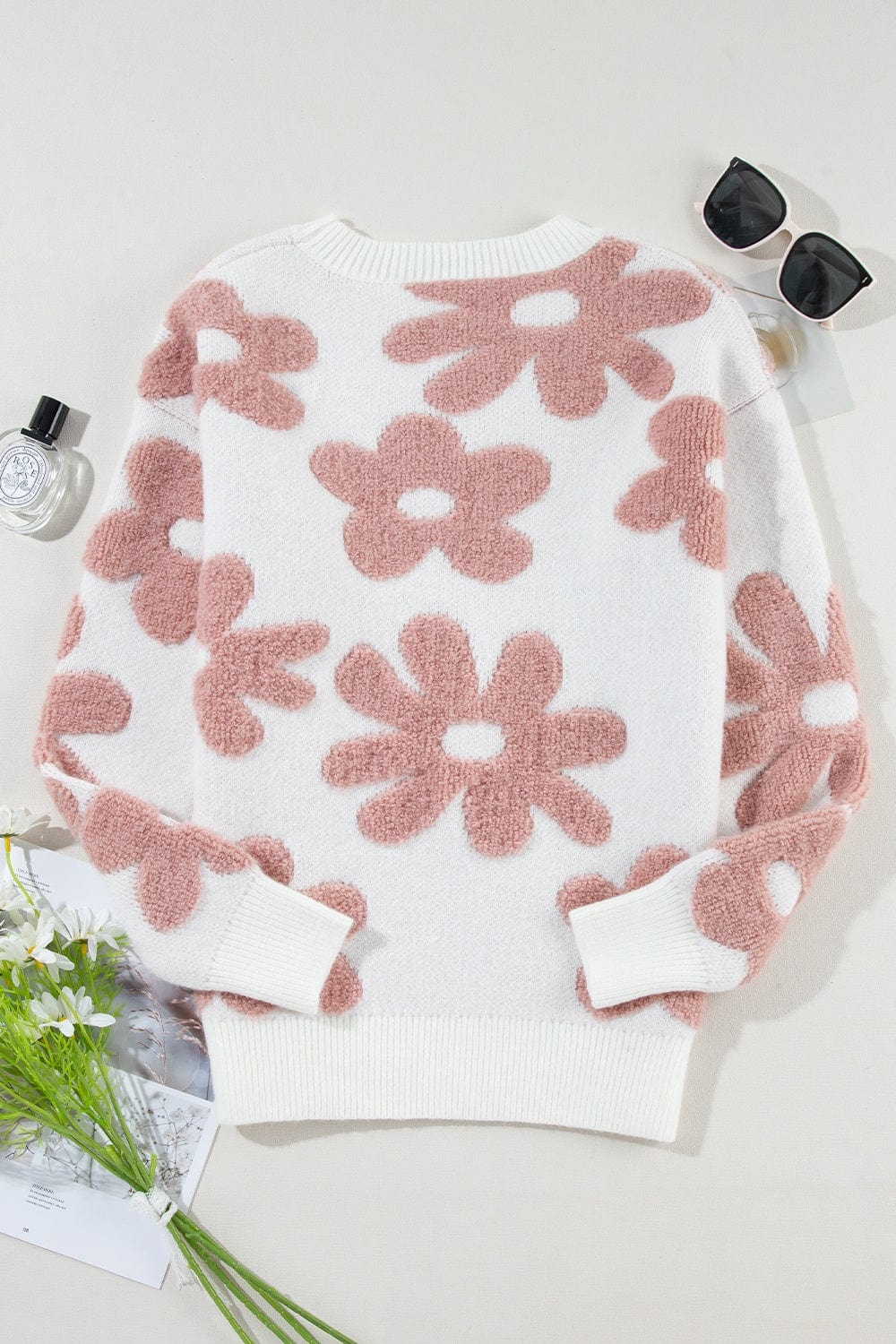Trendsi Fall Flower Round Neck Long Sleeve Knit Top Flower Round Neck Long Sleeve Knit Top