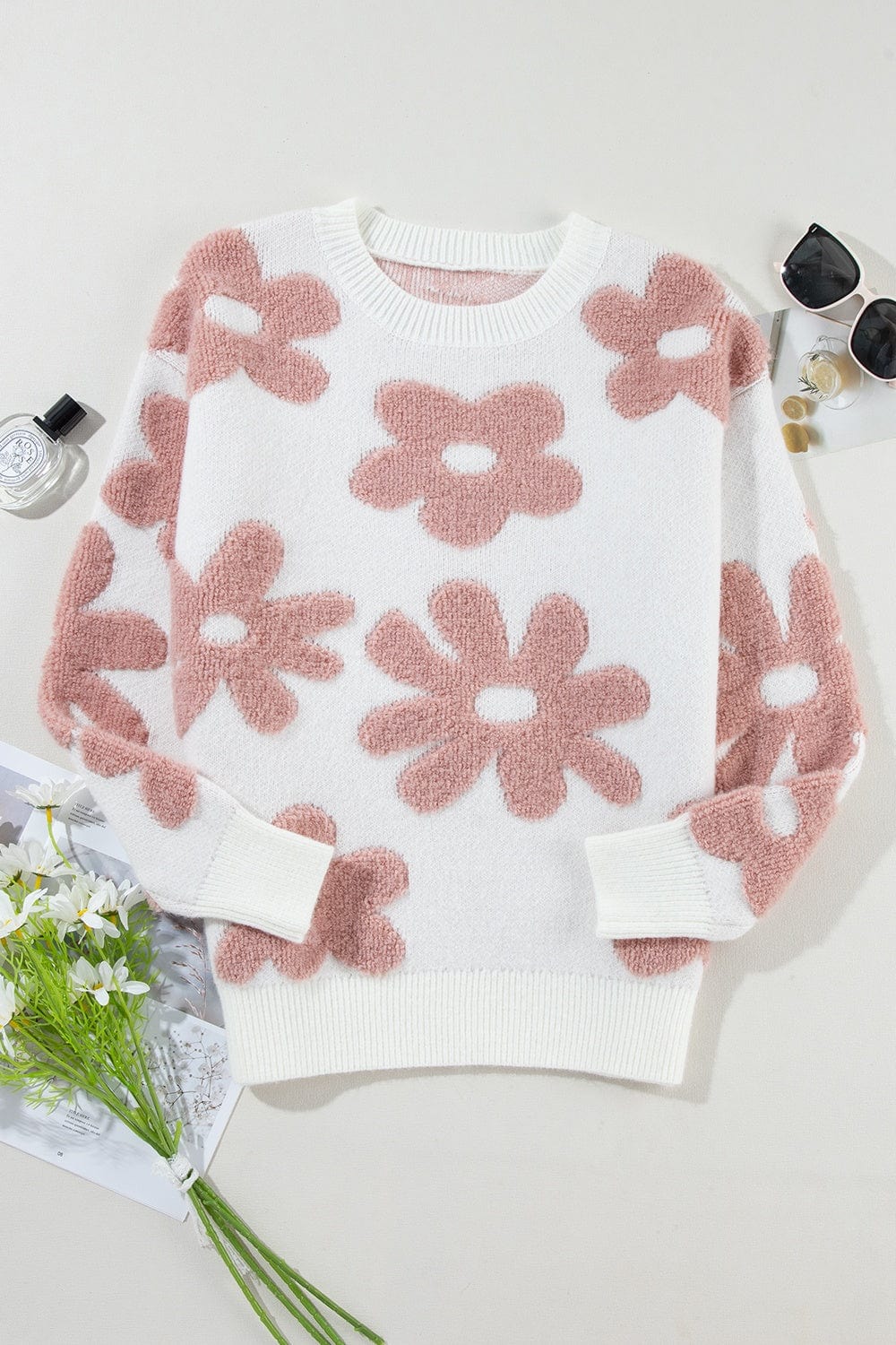 Trendsi Fall Flower Round Neck Long Sleeve Knit Top Flower Round Neck Long Sleeve Knit Top