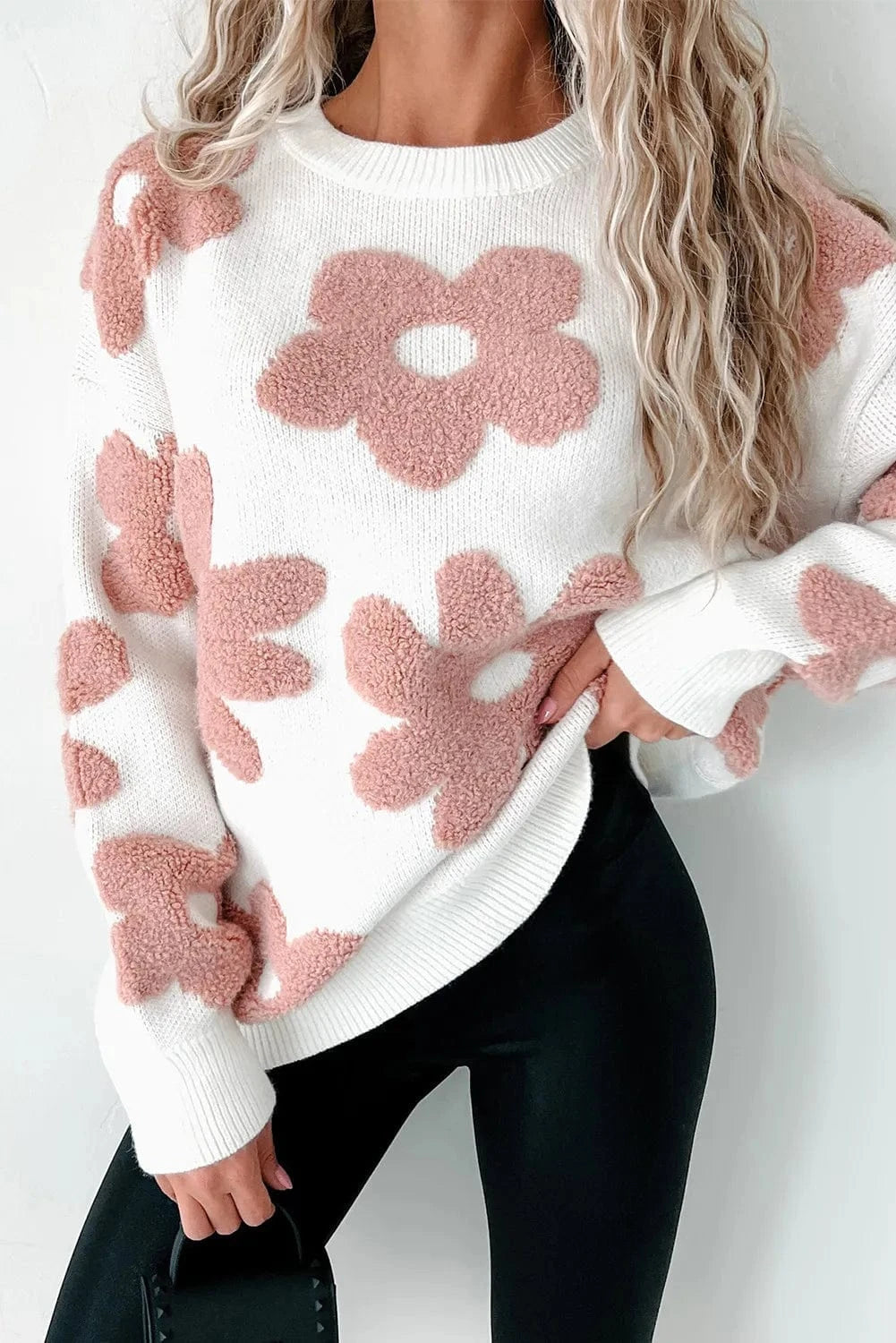 Trendsi Fall Flower Round Neck Long Sleeve Knit Top Flower Round Neck Long Sleeve Knit Top