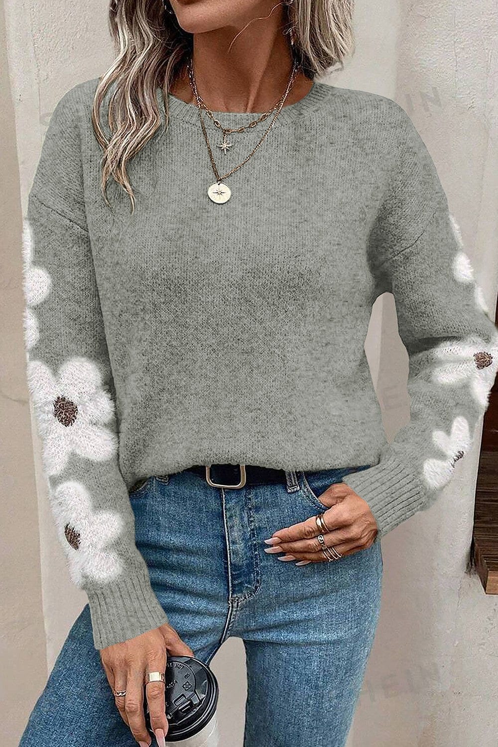 Trendsi Fall Flower Round Neck Long Sleeve Sweater Flower Round Neck Long Sleeve Sweater