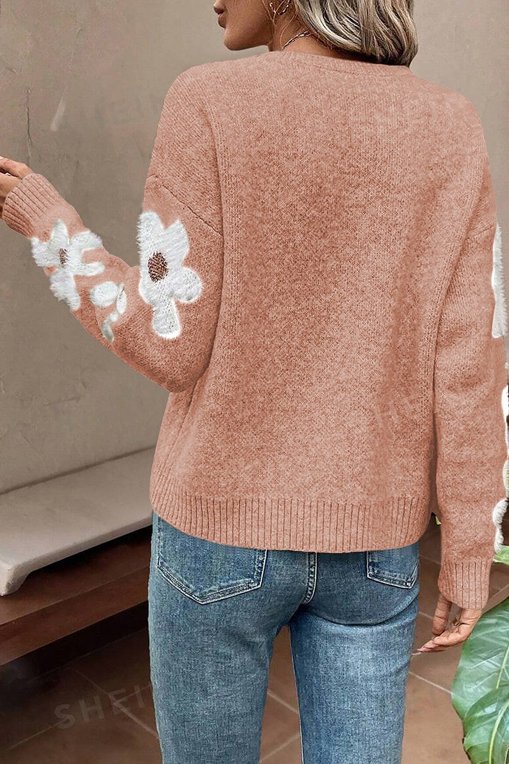 Trendsi Fall Flower Round Neck Long Sleeve Sweater Flower Round Neck Long Sleeve Sweater