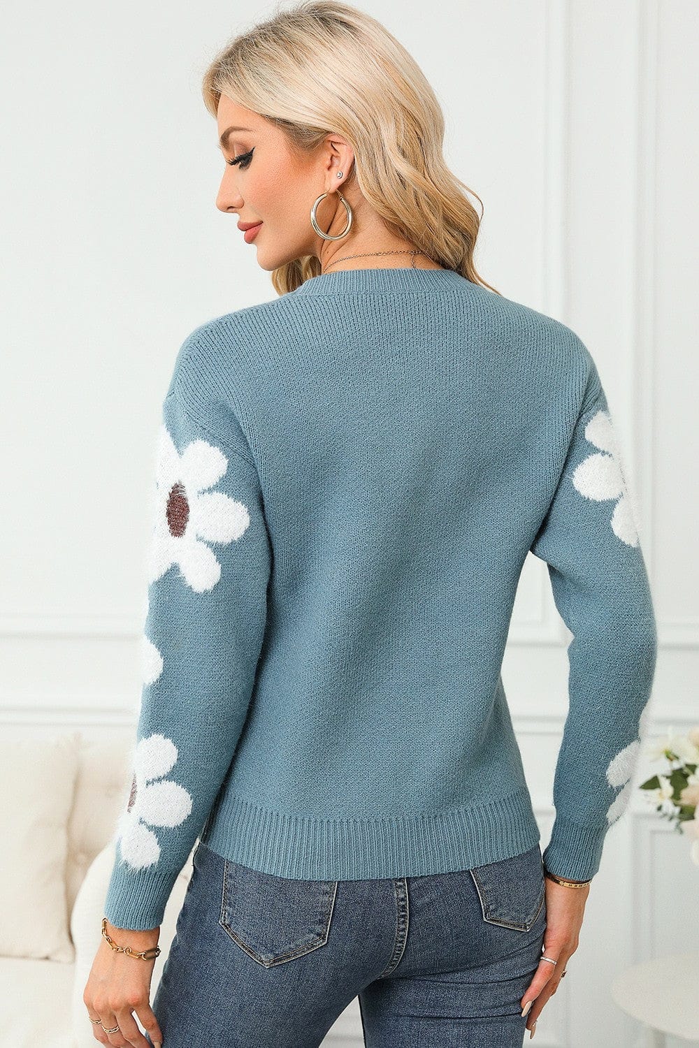 Trendsi Fall Flower Round Neck Long Sleeve Sweater Flower Round Neck Long Sleeve Sweater