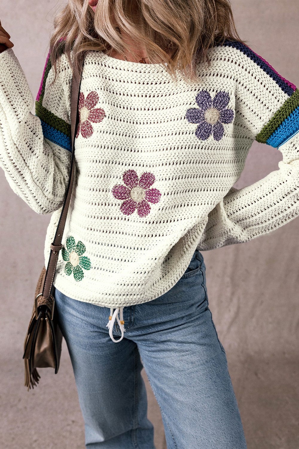 Trendsi Fall Flower Round Neck Long Sleeve Sweater Flower Round Neck Long Sleeve Sweater