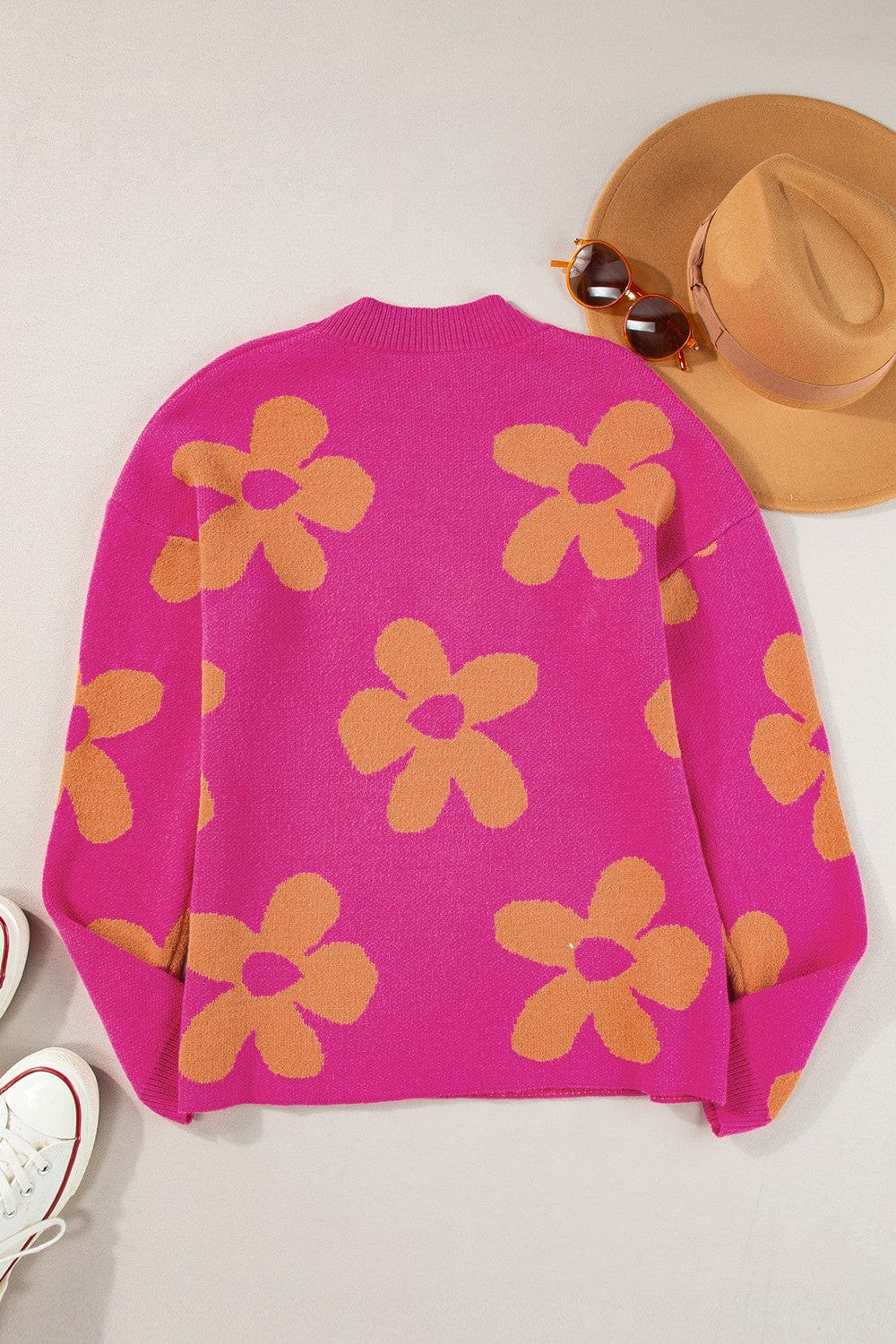 Trendsi Fall Flower Round Neck Long Sleeve Sweater Flower Round Neck Long Sleeve Sweater