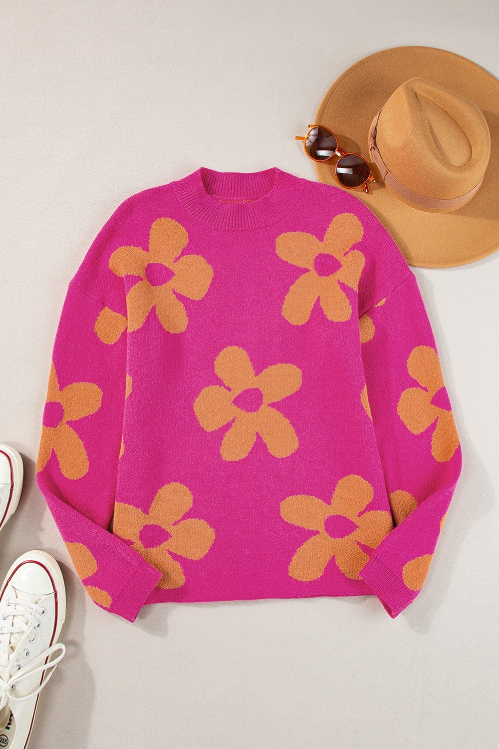 Trendsi Fall Flower Round Neck Long Sleeve Sweater Flower Round Neck Long Sleeve Sweater