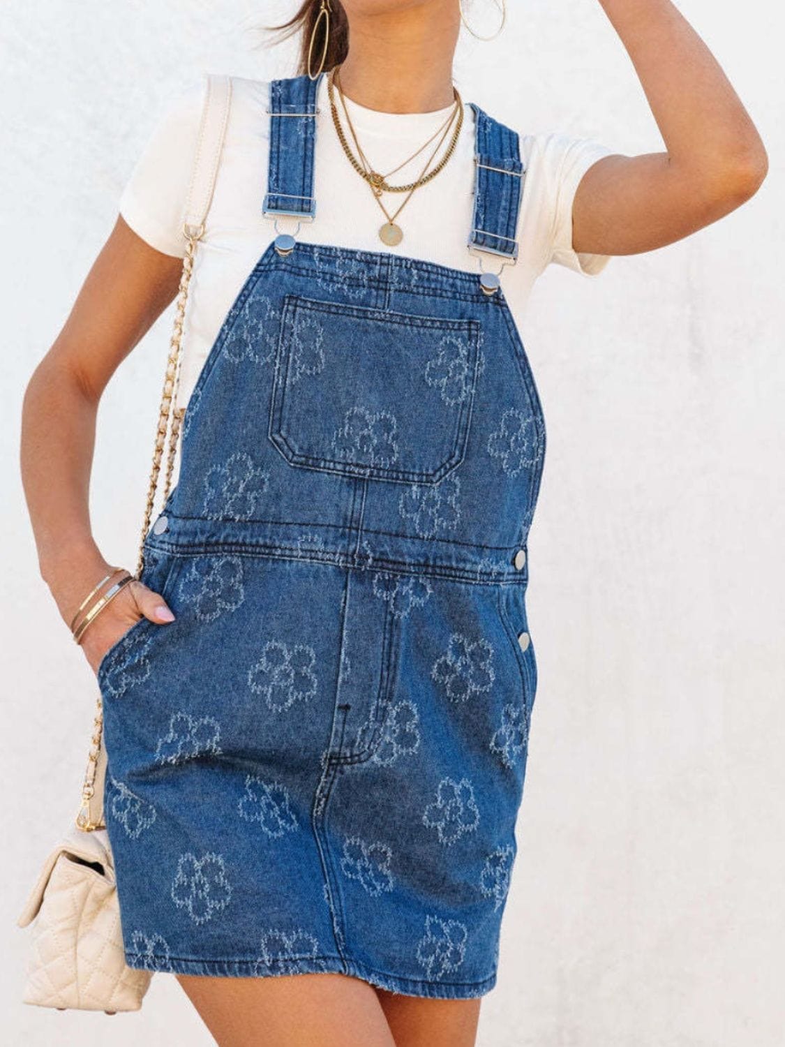 Trendsi Fall Flower Wide Strap Denim Overall Dress with Pockets Flower Wide Strap Denim Overall Dress with Pockets