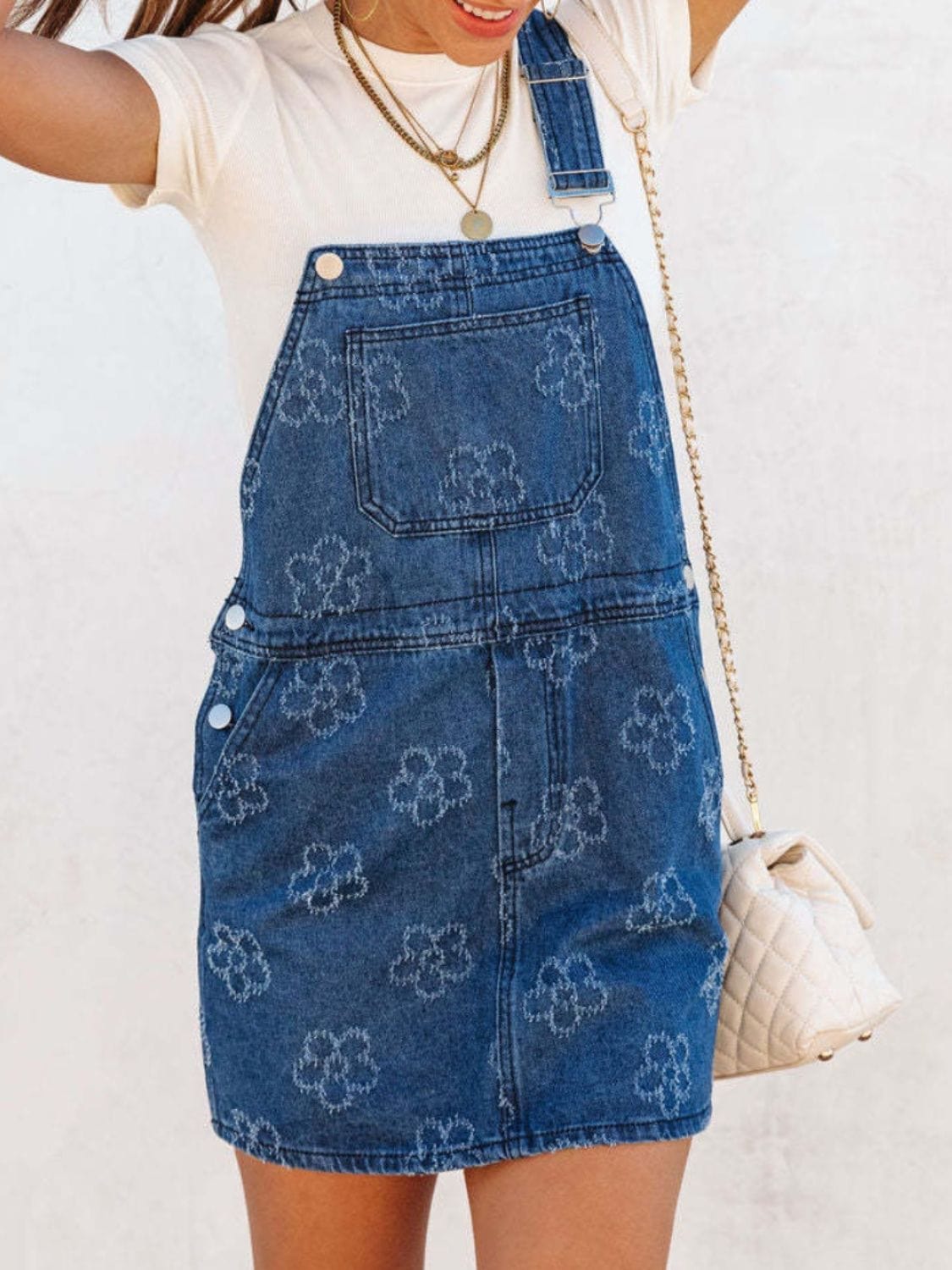 Trendsi Fall Flower Wide Strap Denim Overall Dress with Pockets Flower Wide Strap Denim Overall Dress with Pockets