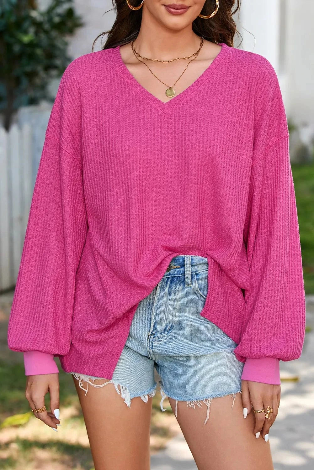 Trendsi Fall Fuchsia Pink / 2XL Waffle-Knit V-Neck Long Sleeve Top Waffle-Knit V-Neck Long Sleeve Top