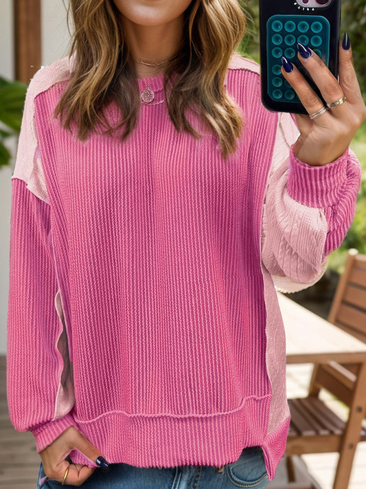 Trendsi Fall Fuchsia Pink / S Exposed Seam Contrast Round Neck Sweatshirt Exposed Seam Contrast Round Neck Sweatshirt