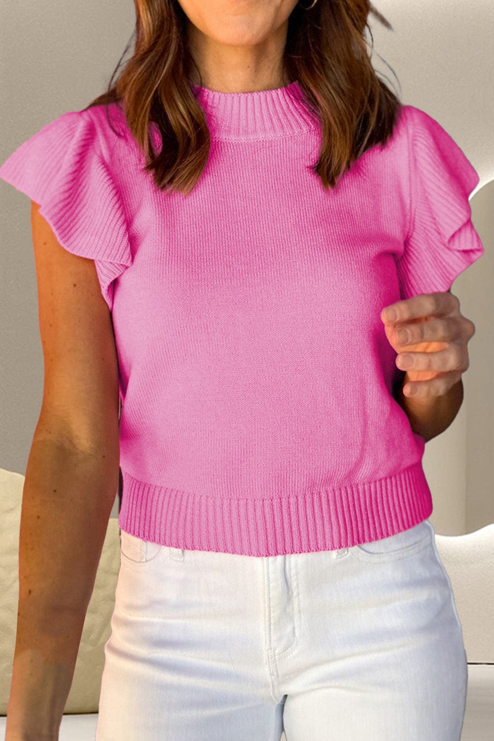 Trendsi Fall Fuchsia Pink / S Ruffled Round Neck Cap Sleeve Sweater Ruffled Round Neck Cap Sleeve Sweater