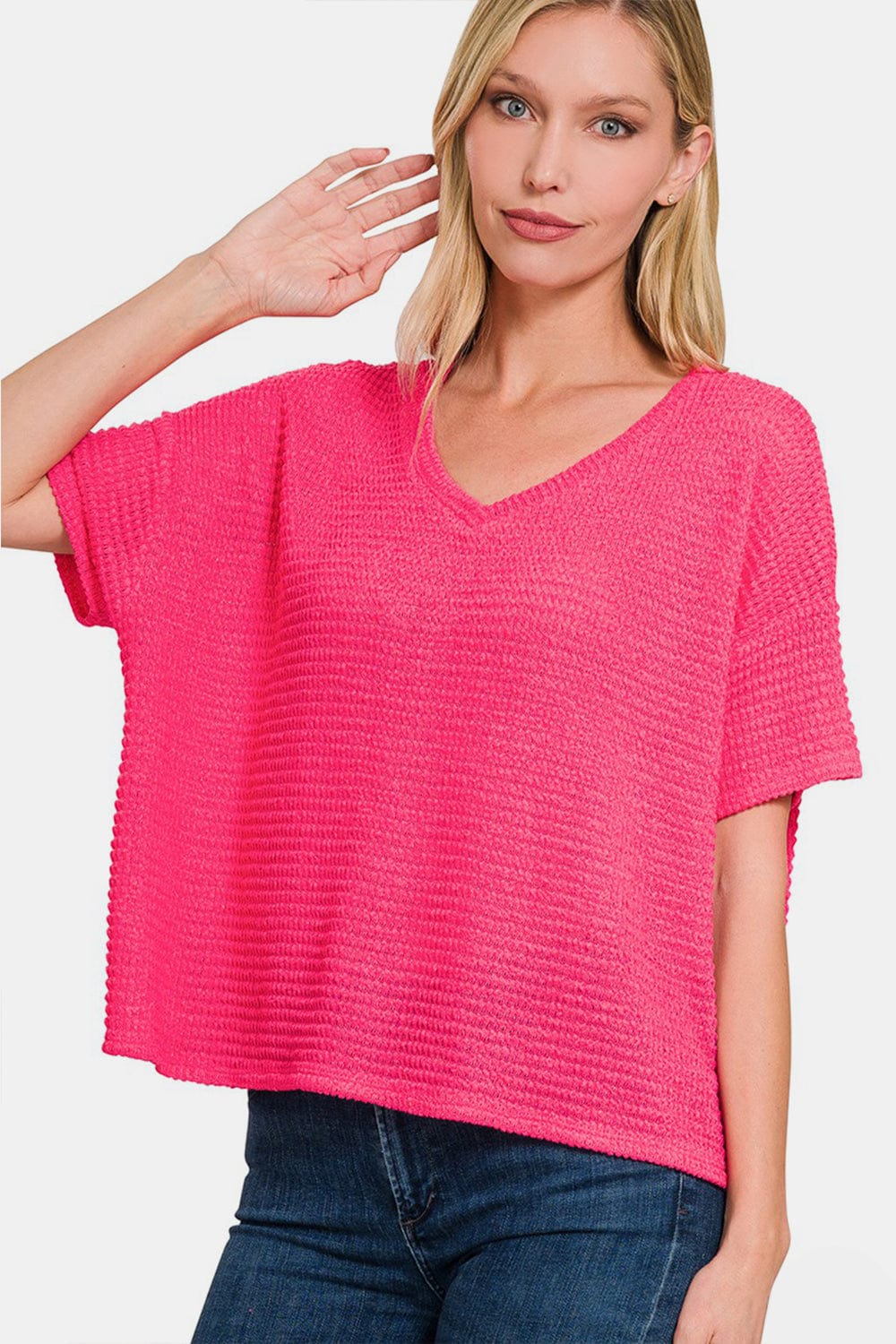 Trendsi Fall Fuchsia / S/M Zenana Drop Shoulder Short Sleeve Jacquard Knit Top Zenana Drop Shoulder Short Sleeve Jacquard Knit Top