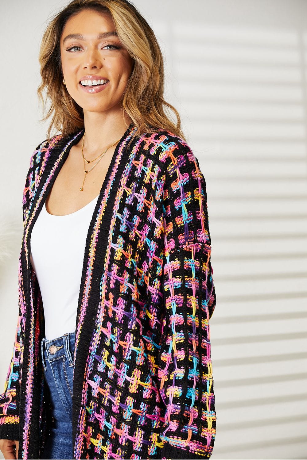 Trendsi Fall Full Size Multicolored Open Front Fringe Hem Cardigan Full Size Multicolored Open Front Fringe Hem Cardigan