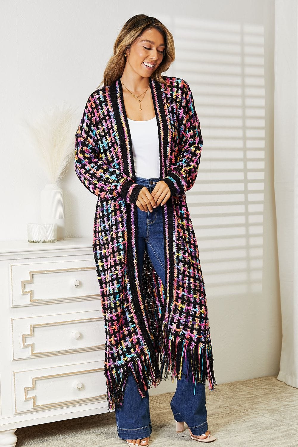 Trendsi Fall Full Size Multicolored Open Front Fringe Hem Cardigan Full Size Multicolored Open Front Fringe Hem Cardigan