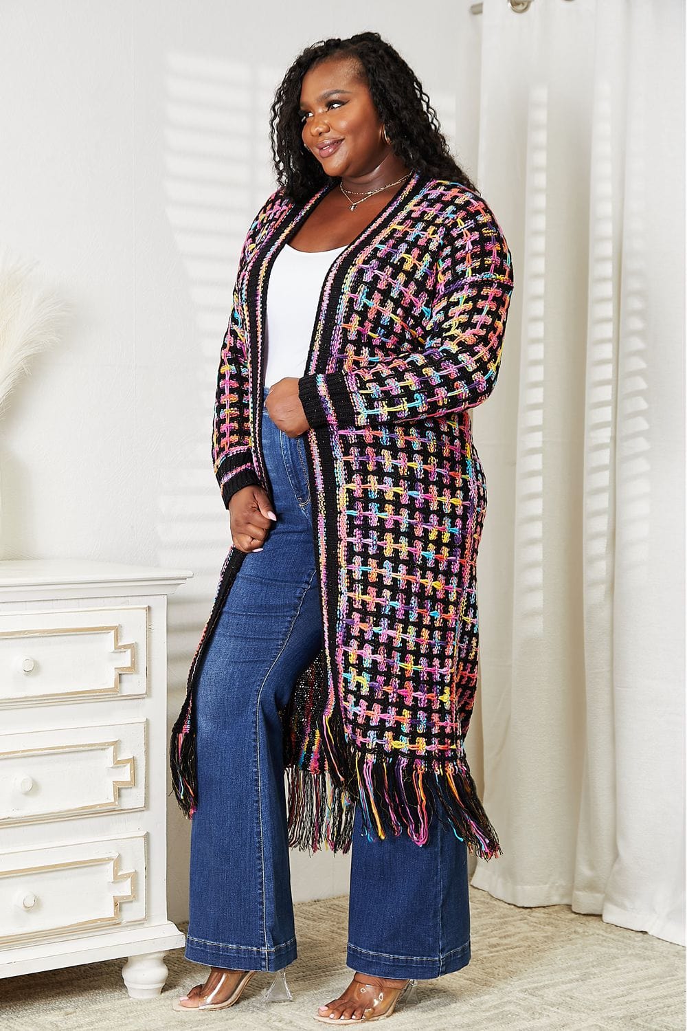 Trendsi Fall Full Size Multicolored Open Front Fringe Hem Cardigan Full Size Multicolored Open Front Fringe Hem Cardigan