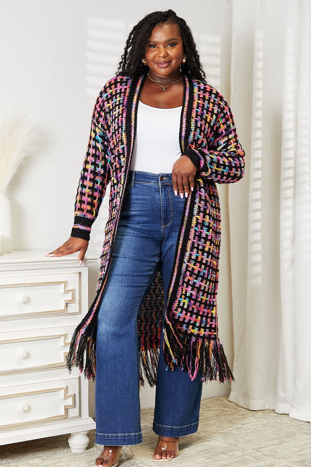 Trendsi Fall Full Size Multicolored Open Front Fringe Hem Cardigan Full Size Multicolored Open Front Fringe Hem Cardigan