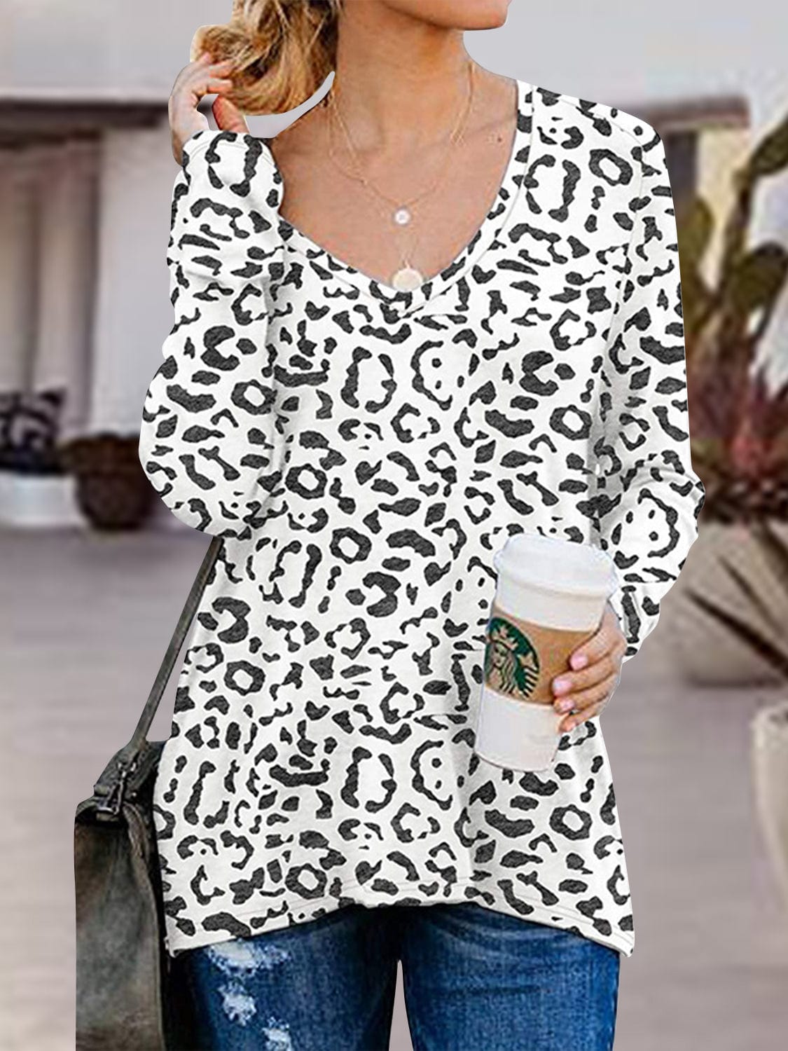 Trendsi Fall Full Size Side Zip Printed V-Neck Long Sleeve T-Shirt Full Size Side Zip Printed V-Neck Long Sleeve T-Shirt