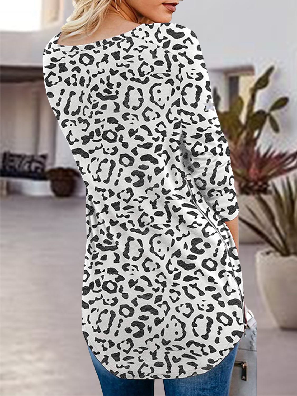 Trendsi Fall Full Size Side Zip Printed V-Neck Long Sleeve T-Shirt Full Size Side Zip Printed V-Neck Long Sleeve T-Shirt