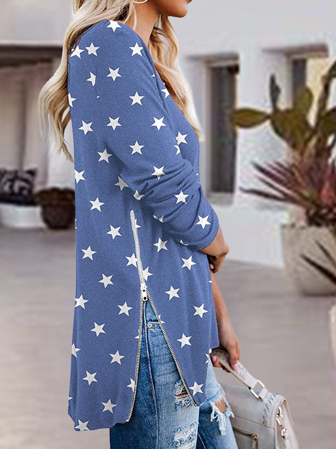 Trendsi Fall Full Size Side Zip Printed V-Neck Long Sleeve T-Shirt Full Size Side Zip Printed V-Neck Long Sleeve T-Shirt