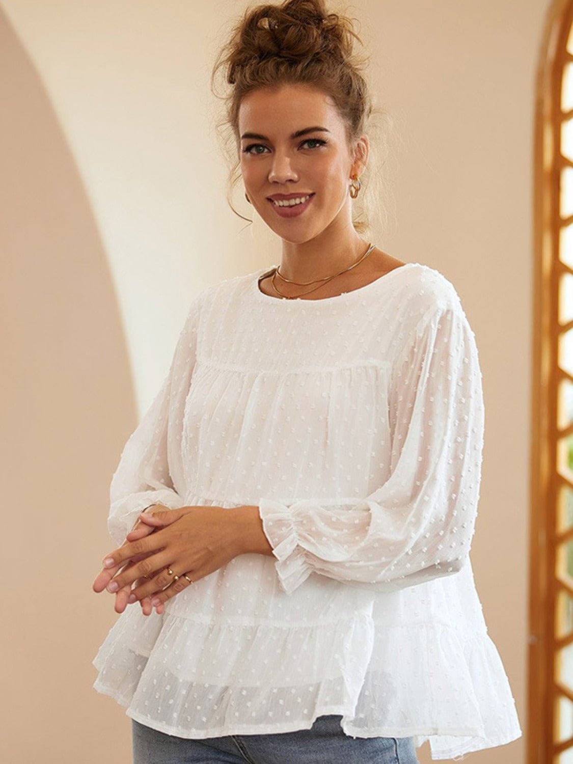 Trendsi Fall Full Size Swiss Dot Ruffled Round Neck Long Sleeve Blouse Full Size Swiss Dot Ruffled Round Neck Long Sleeve Blouse