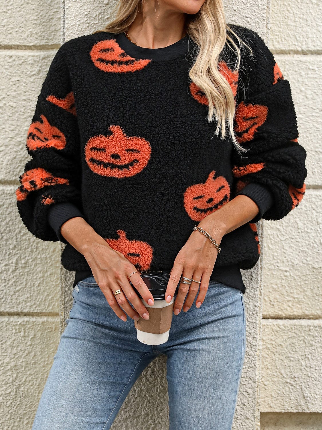 Trendsi Fall Fuzzy Pumpkin Round Neck Dropped Shoulder Sweater Fuzzy Pumpkin Round Neck Dropped Shoulder Sweater