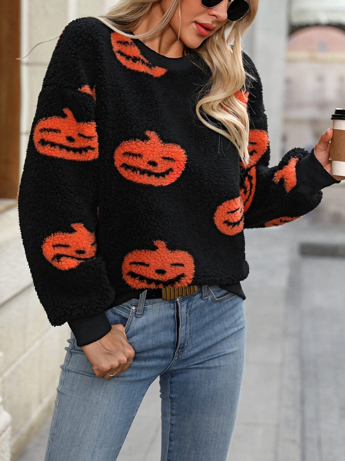 Trendsi Fall Fuzzy Pumpkin Round Neck Dropped Shoulder Sweater Fuzzy Pumpkin Round Neck Dropped Shoulder Sweater