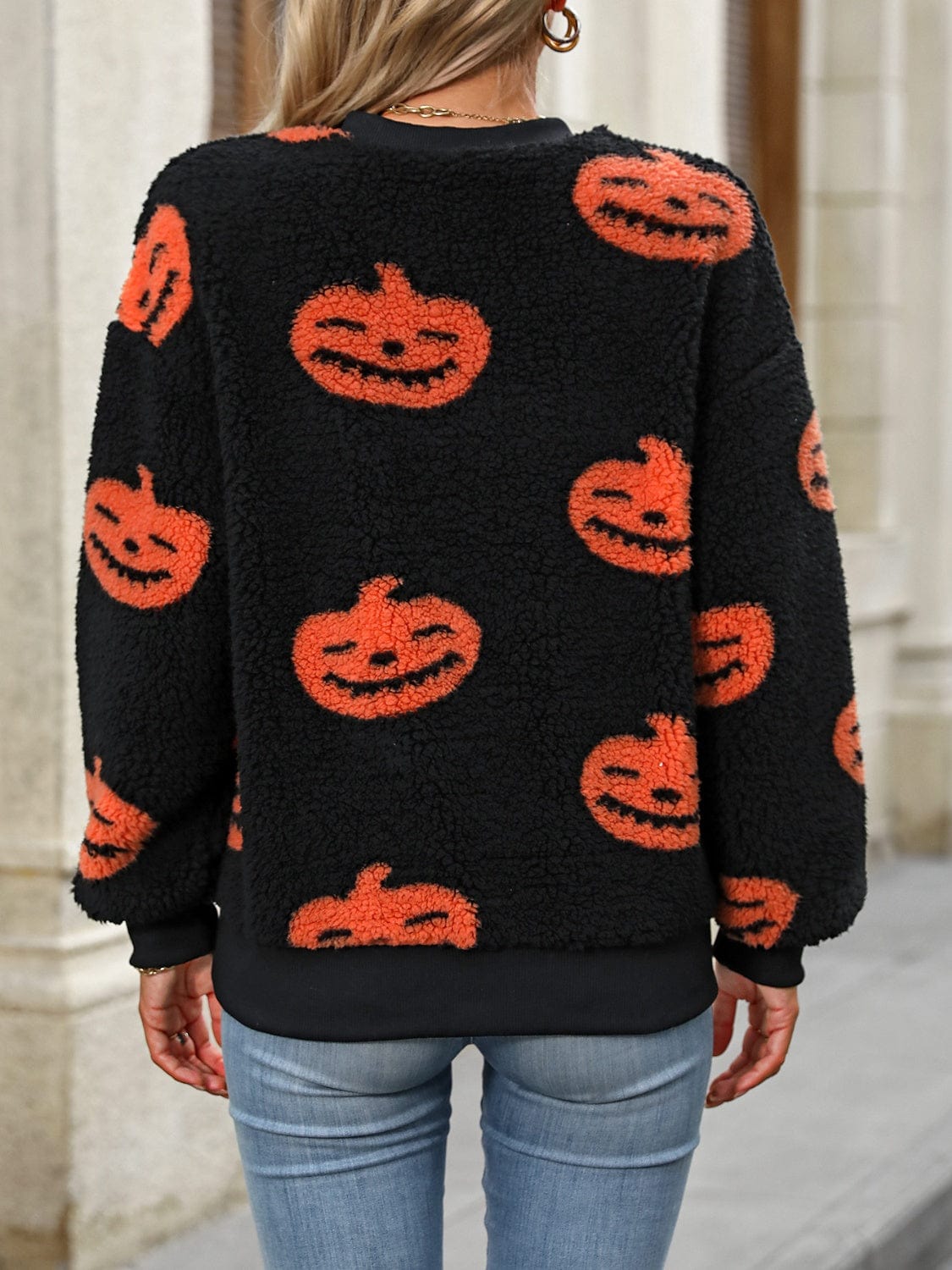 Trendsi Fall Fuzzy Pumpkin Round Neck Dropped Shoulder Sweater Fuzzy Pumpkin Round Neck Dropped Shoulder Sweater
