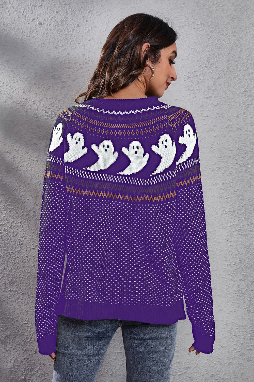 Trendsi Fall Ghost Pattern Round Neck Long Sleeve Sweater Ghost Pattern Round Neck Long Sleeve Sweater