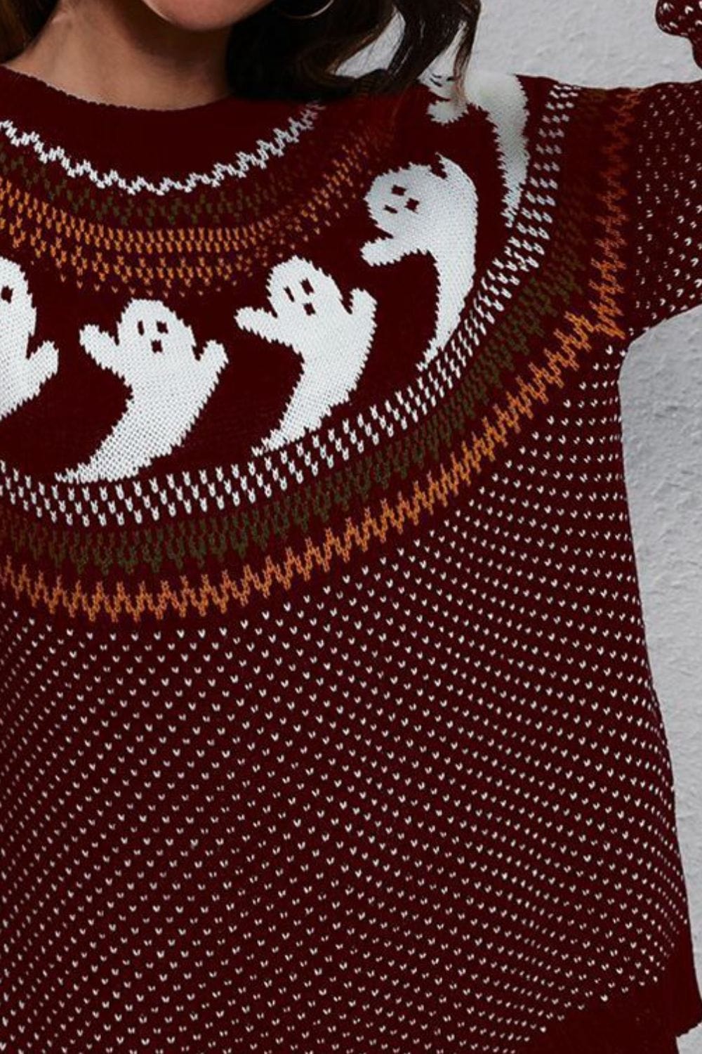 Trendsi Fall Ghost Pattern Round Neck Long Sleeve Sweater Ghost Pattern Round Neck Long Sleeve Sweater