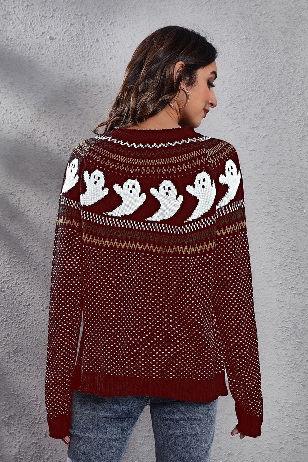 Trendsi Fall Ghost Pattern Round Neck Long Sleeve Sweater Ghost Pattern Round Neck Long Sleeve Sweater