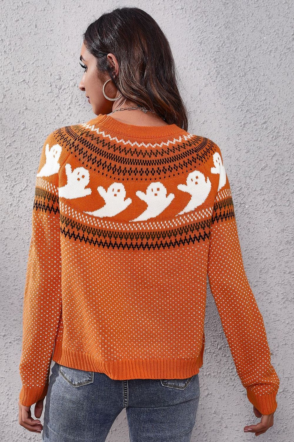 Trendsi Fall Ghost Pattern Round Neck Long Sleeve Sweater Ghost Pattern Round Neck Long Sleeve Sweater