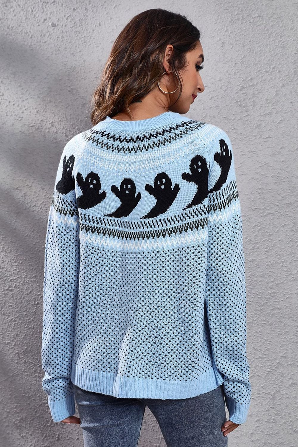 Trendsi Fall Ghost Pattern Round Neck Long Sleeve Sweater Ghost Pattern Round Neck Long Sleeve Sweater