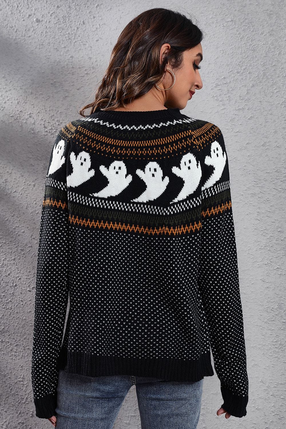 Trendsi Fall Ghost Pattern Round Neck Long Sleeve Sweater Ghost Pattern Round Neck Long Sleeve Sweater