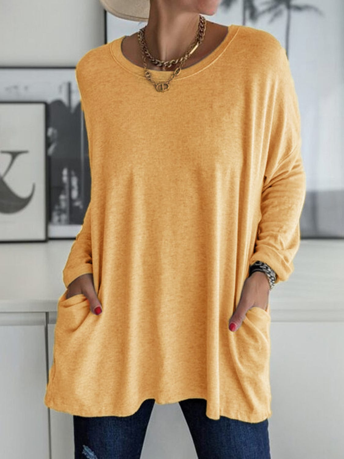 Trendsi Fall Gold / S Full Size Round Neck Long Sleeve T-Shirt Full Size Round Neck Long Sleeve T-Shirt