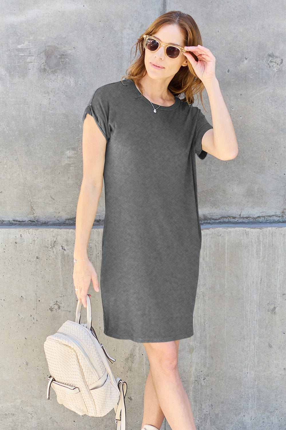 Trendsi Fall Gray / S Basic Bae Full Size Round Neck Short Sleeve Dress with Pockets Basic Bae Full Size Round Neck Short Sleeve Dress with Pockets