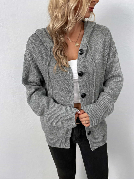Trendsi Fall Gray / S Button-Down Long Sleeve Hooded Sweater Button-Down Long Sleeve Hooded Sweater