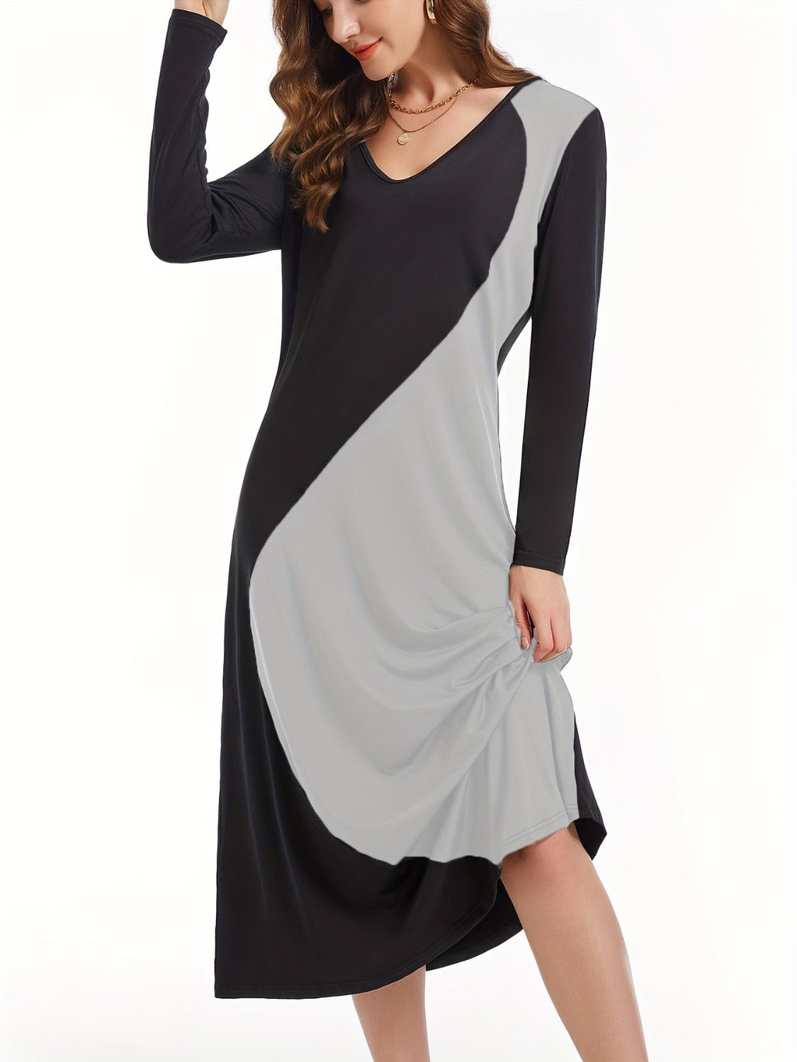 Trendsi Fall Gray / S Contrast Long Sleeve Midi Dress Contrast Long Sleeve Midi Dress