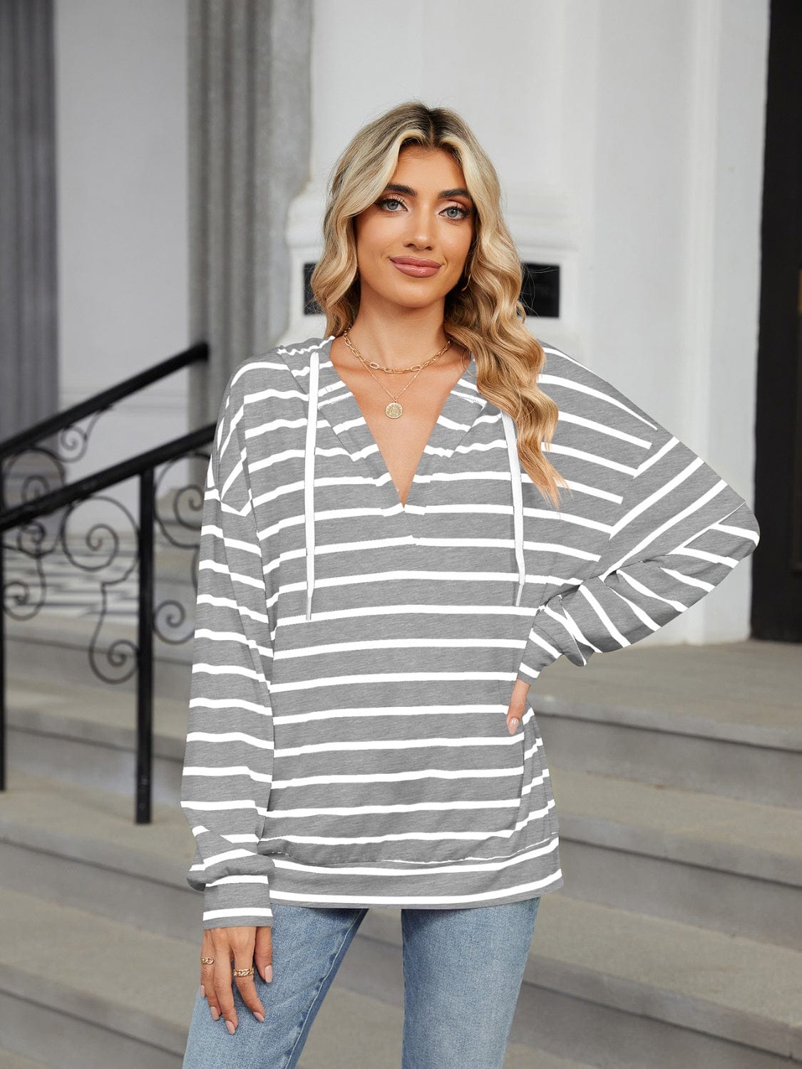 Trendsi Fall Gray / S Drawstring Striped Long Sleeve Hoodie Drawstring Striped Long Sleeve Hoodie