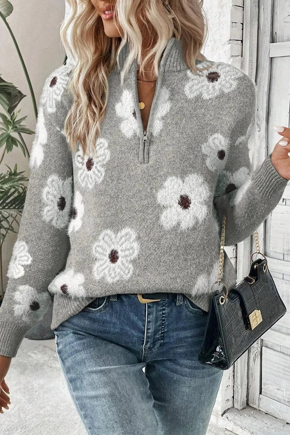 Trendsi Fall Gray / S Flower Half Zip Long Sleeve Sweater Flower Half Zip Long Sleeve Sweater