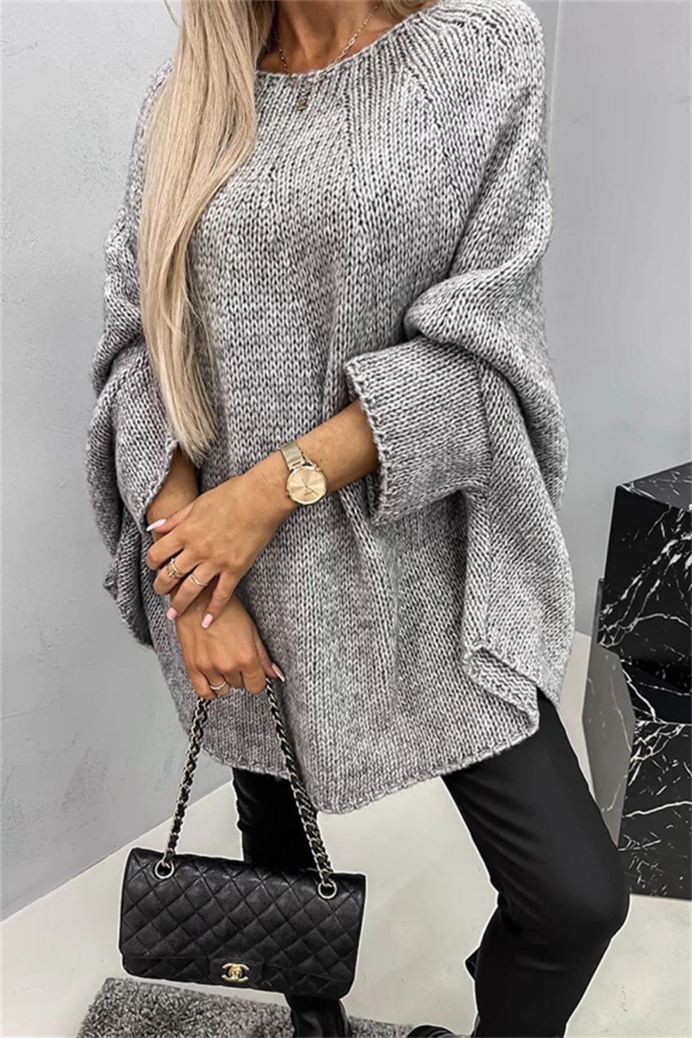 Trendsi Fall Gray / S/M Round Neck Batwing Sleeve Sweater Round Neck Batwing Sleeve Sweater