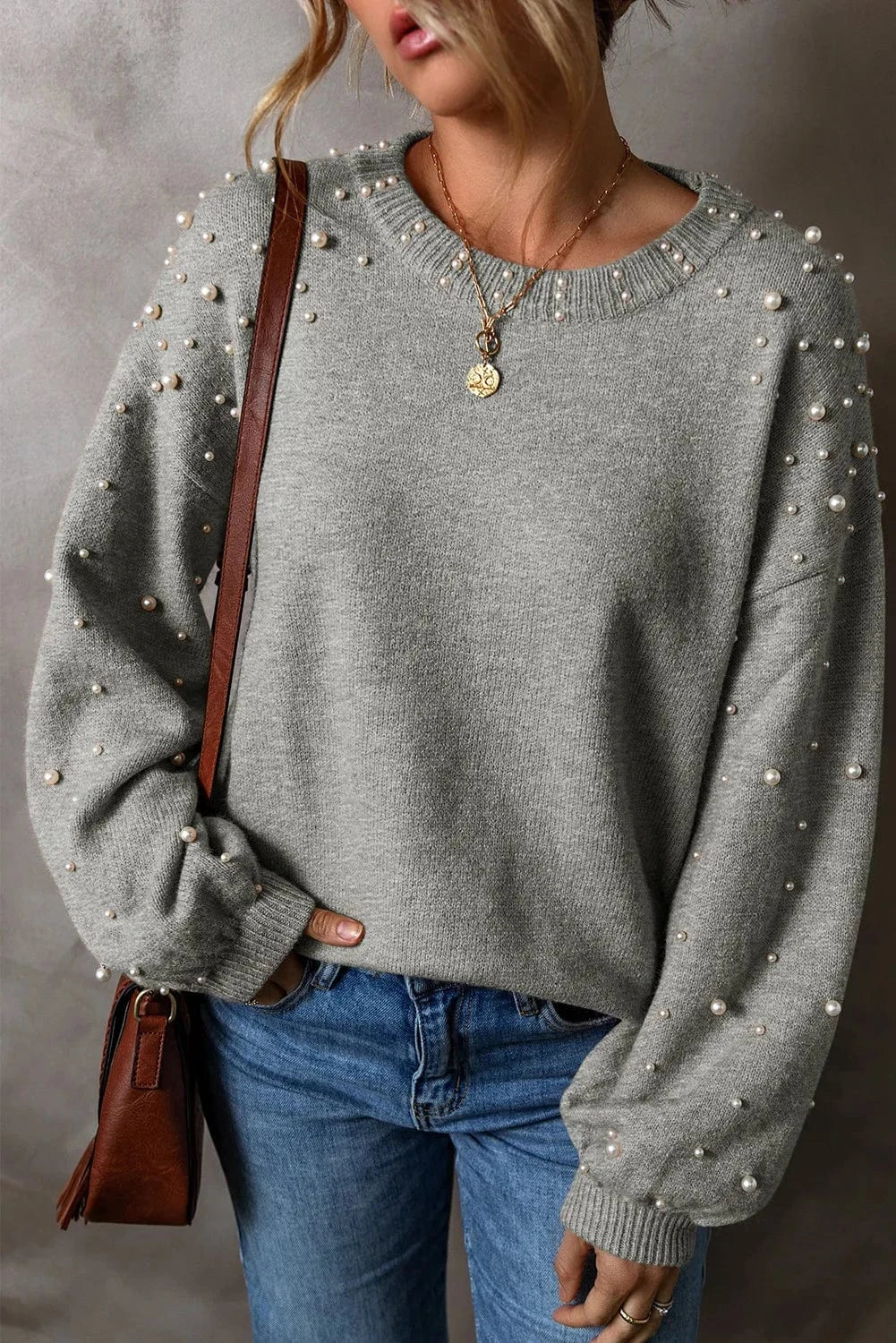 Trendsi Fall Gray / S Pearl Detail Round Neck Long Sleeve Sweater Pearl Detail Round Neck Long Sleeve Sweater