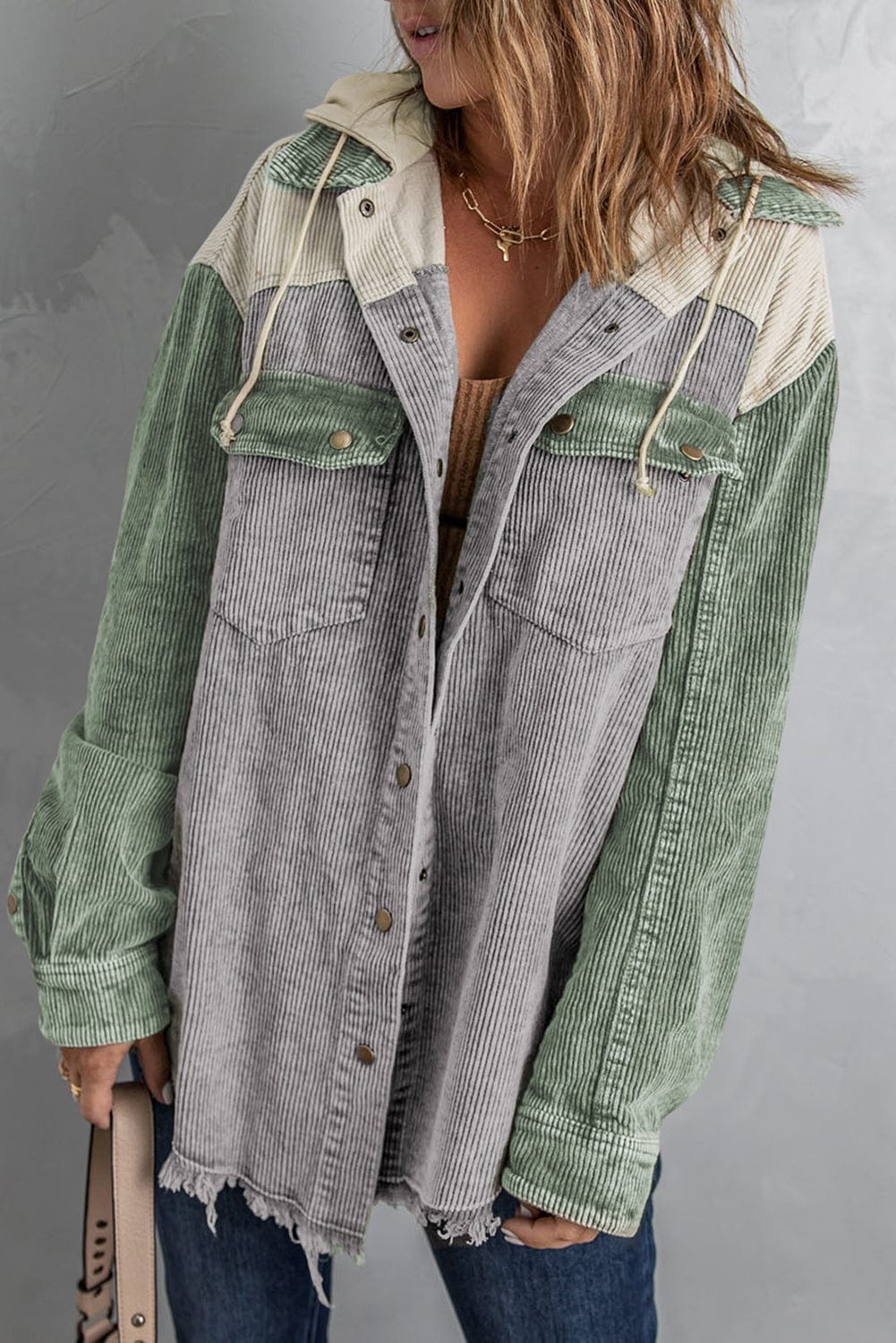 Trendsi Fall Gray / S Snap Front Hooded Corduroy Shacket Snap Front Hooded Corduroy Shacket